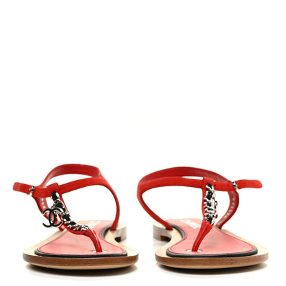 Chanel Suede Calfskin Chain CC Thong Sandals 36.5 Red 2 of 12