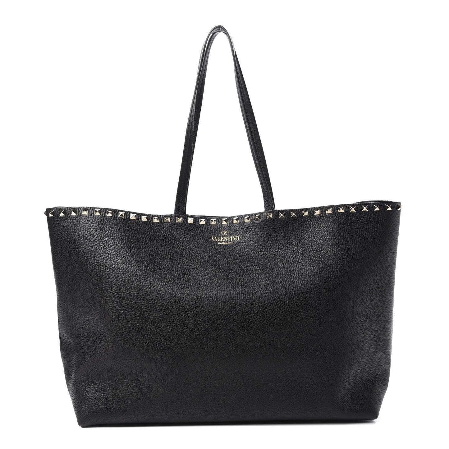 Grained Calfskin Rockstud Shoulder Tote Black