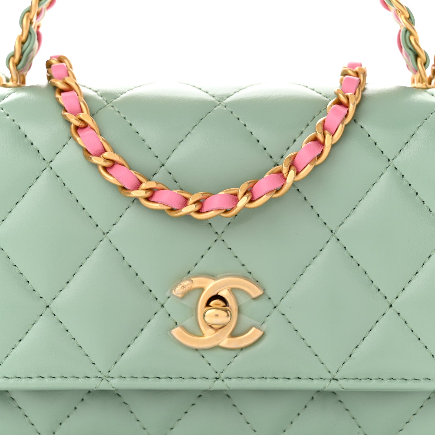 Chanel Shiny Calfskin Quilted Top Handle Flap Clutch With Chain Light Green 8 of 11