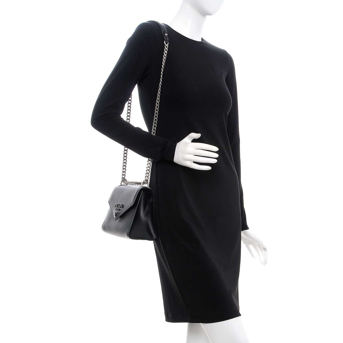 Saffiano Cuir Calfskin Monochrome Envelope Flap Chain Shoulder Bag Black