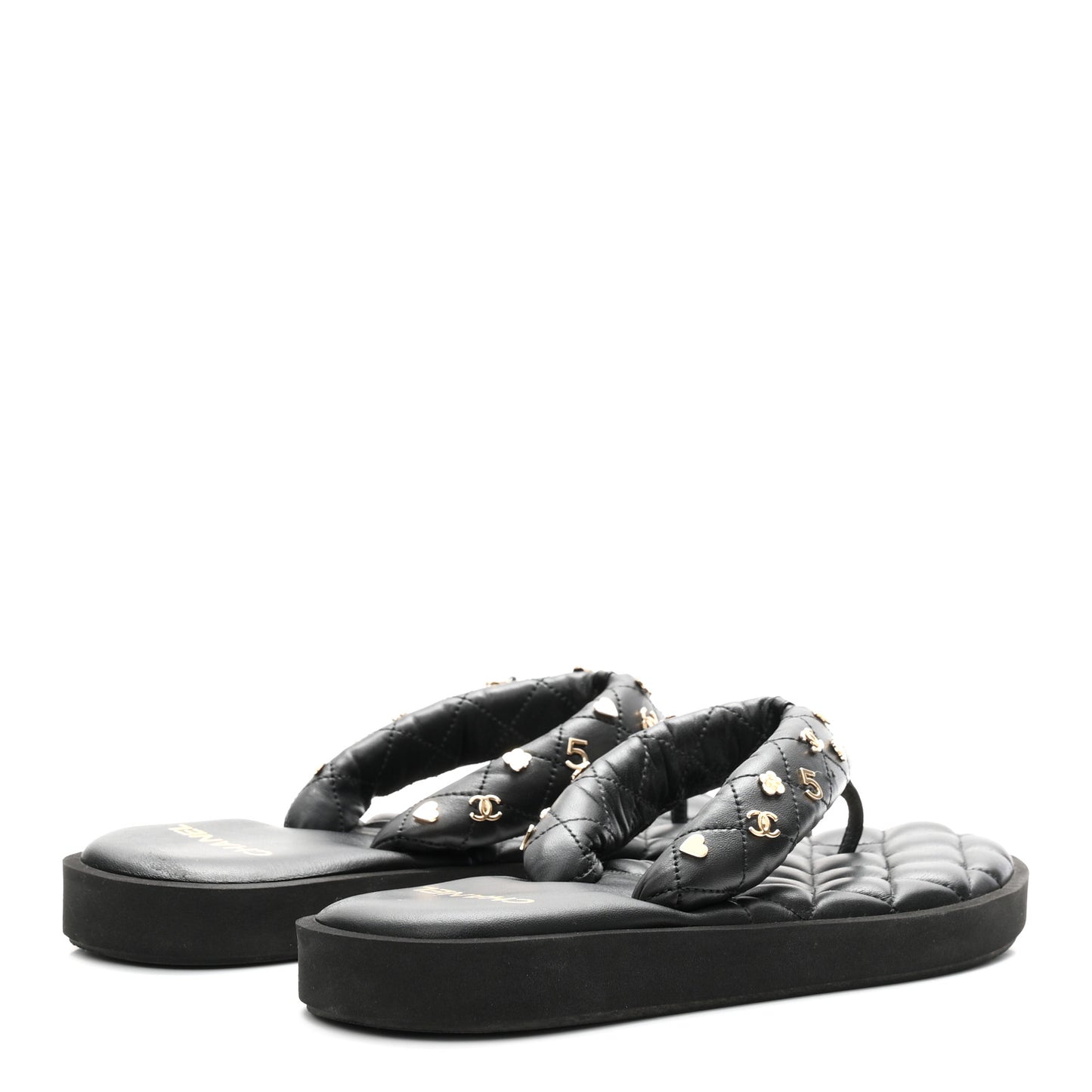 Lambskin Quilted Padded Charms Thong Sandals 41 Black