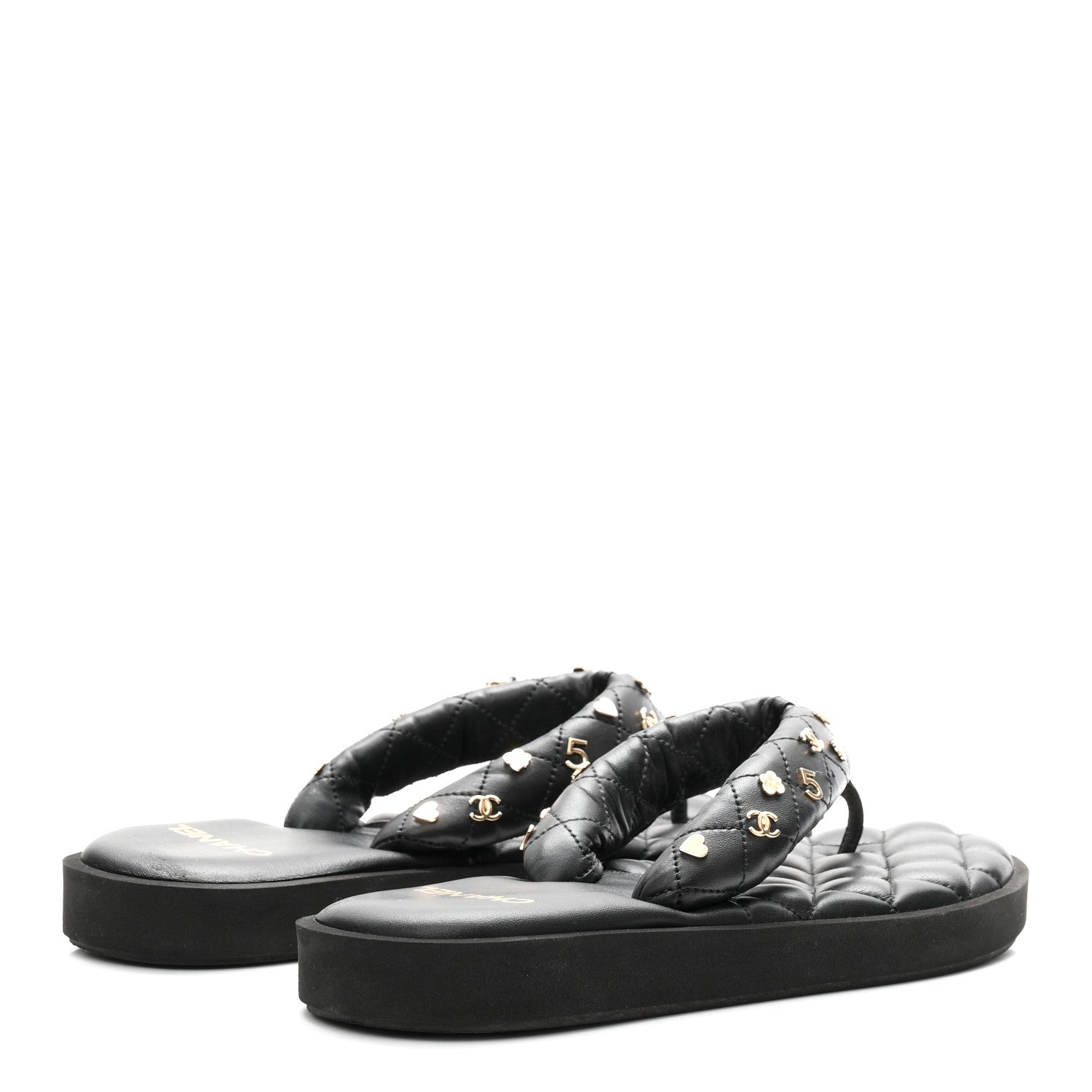Chanel Lambskin Quilted Padded Charms Thong Sandals 41 Black 5 of 9