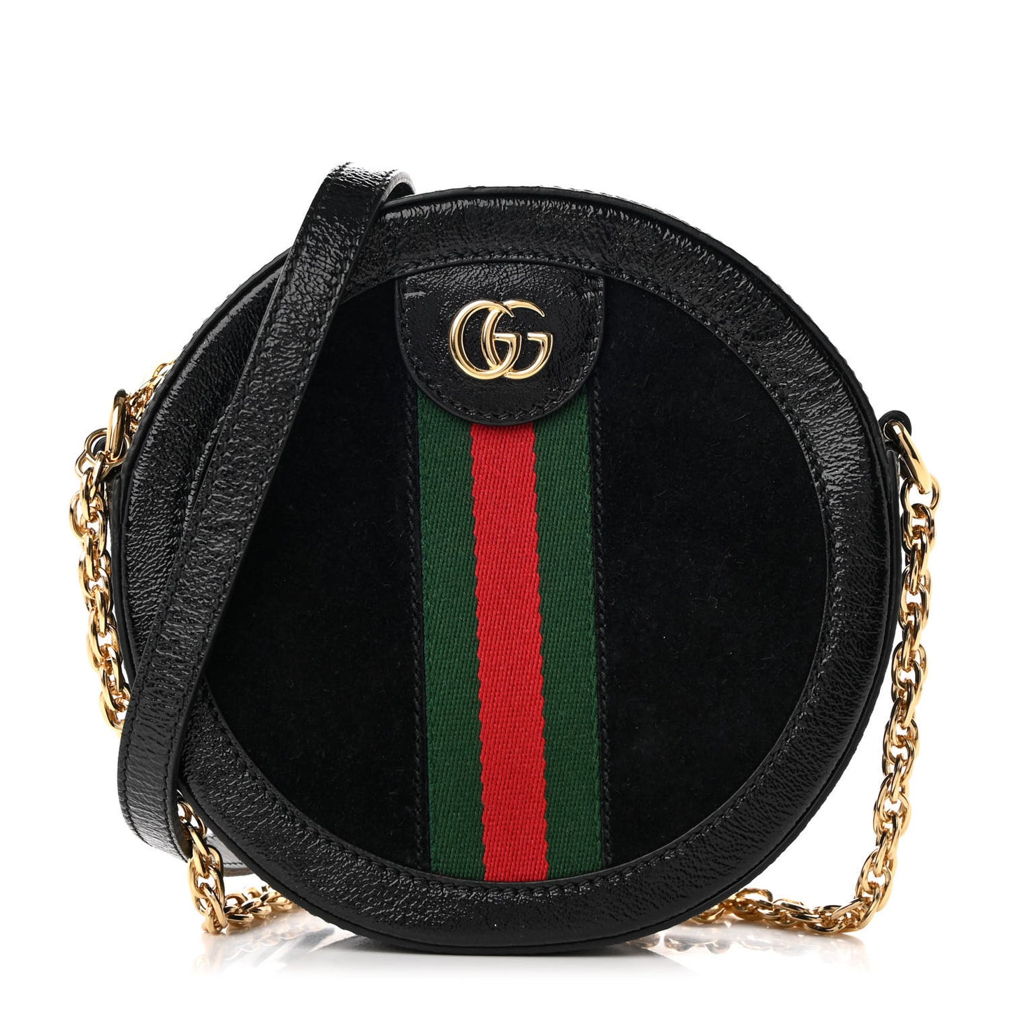 Suede Patent Web Mini Ophidia Round Shoulder Bag Black