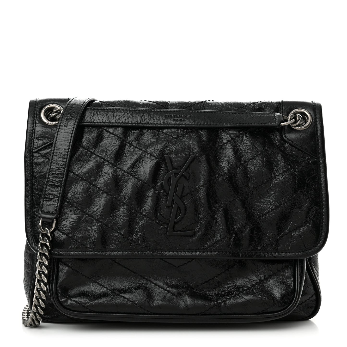 Crinkled Calfskin Matelasse Monogram Medium Niki Chain Satchel Black