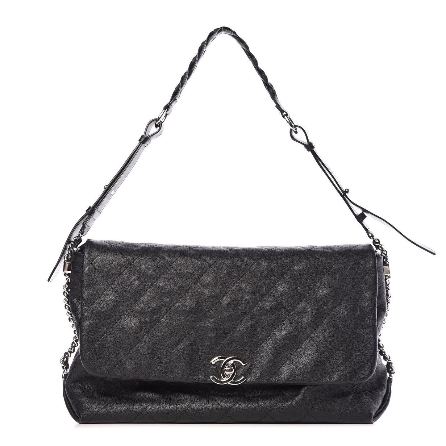 Grained Calfskin Stitched Medium Braided With Style Flap Black