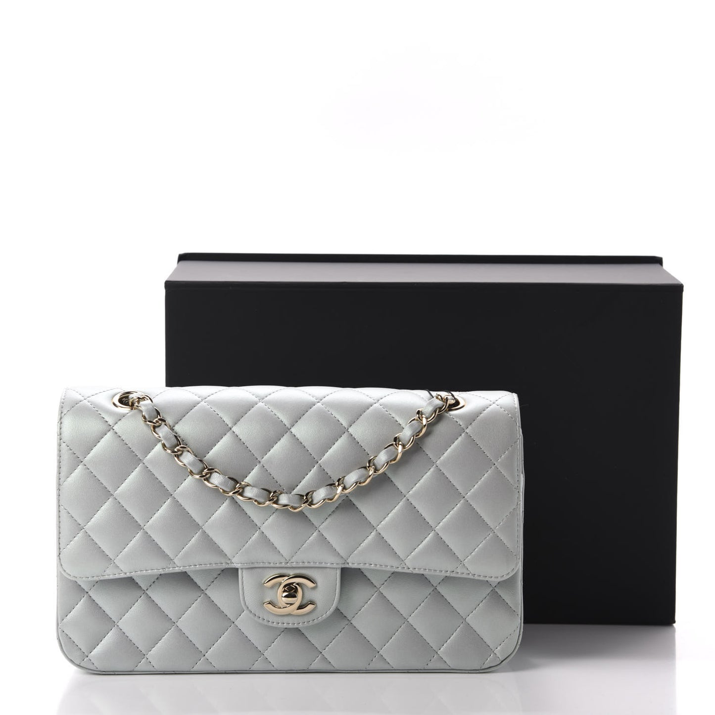 Iridescent Lambskin Quilted Medium Double Flap Light Blue