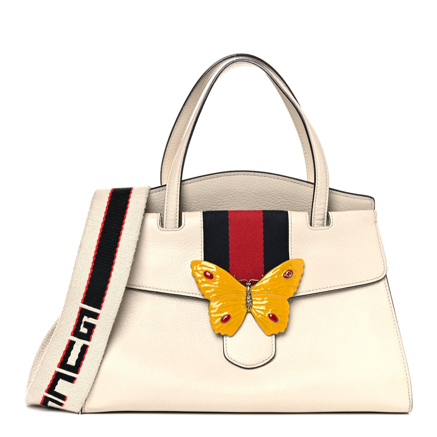 Grained Calfskin Web Stripe Butterfly Medium Totem Top Handle Bag White