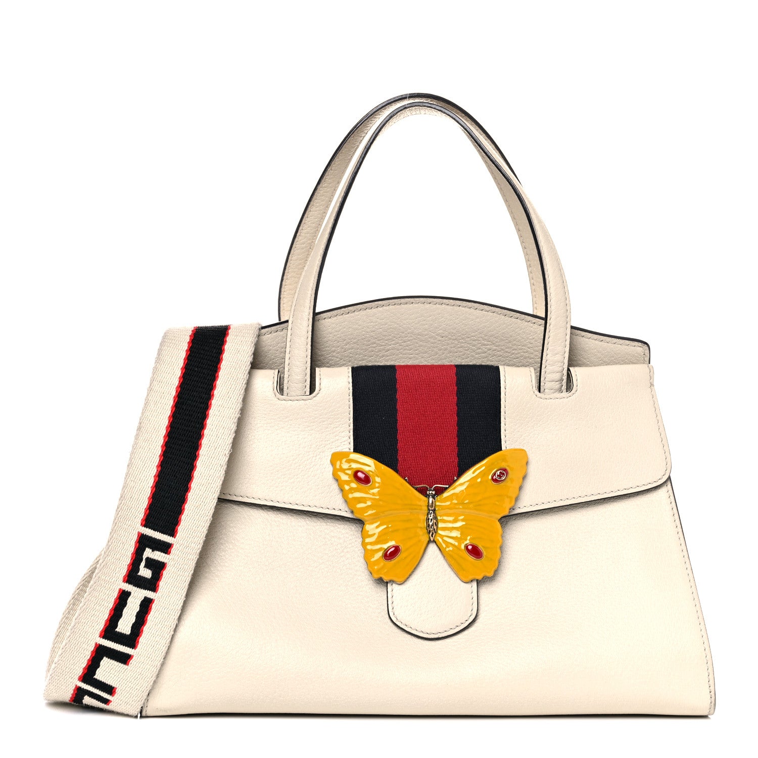 Gucci Grained Calfskin Web Stripe Butterfly Medium Totem Top Handle Bag White 1 of 12
