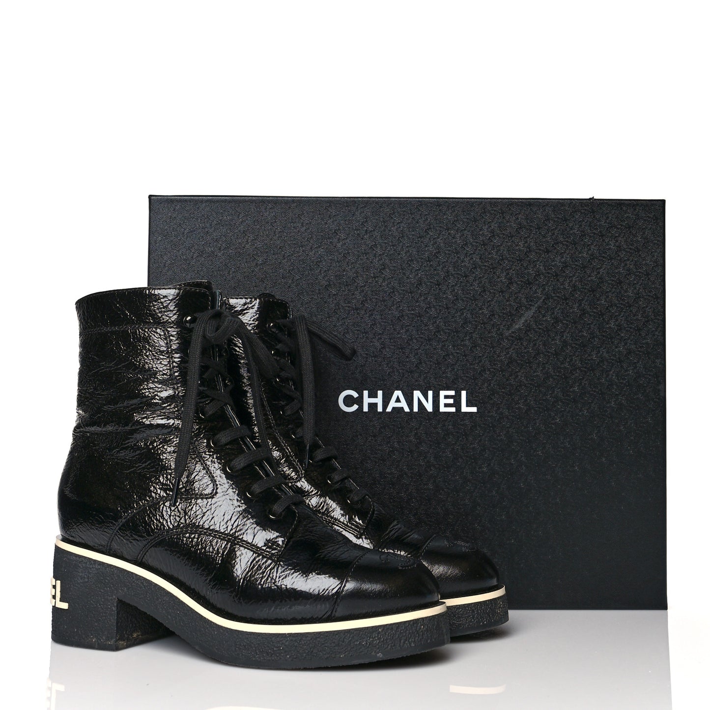 Shiny Crumpled Lambskin Lace Up Combat Boots 38 Black