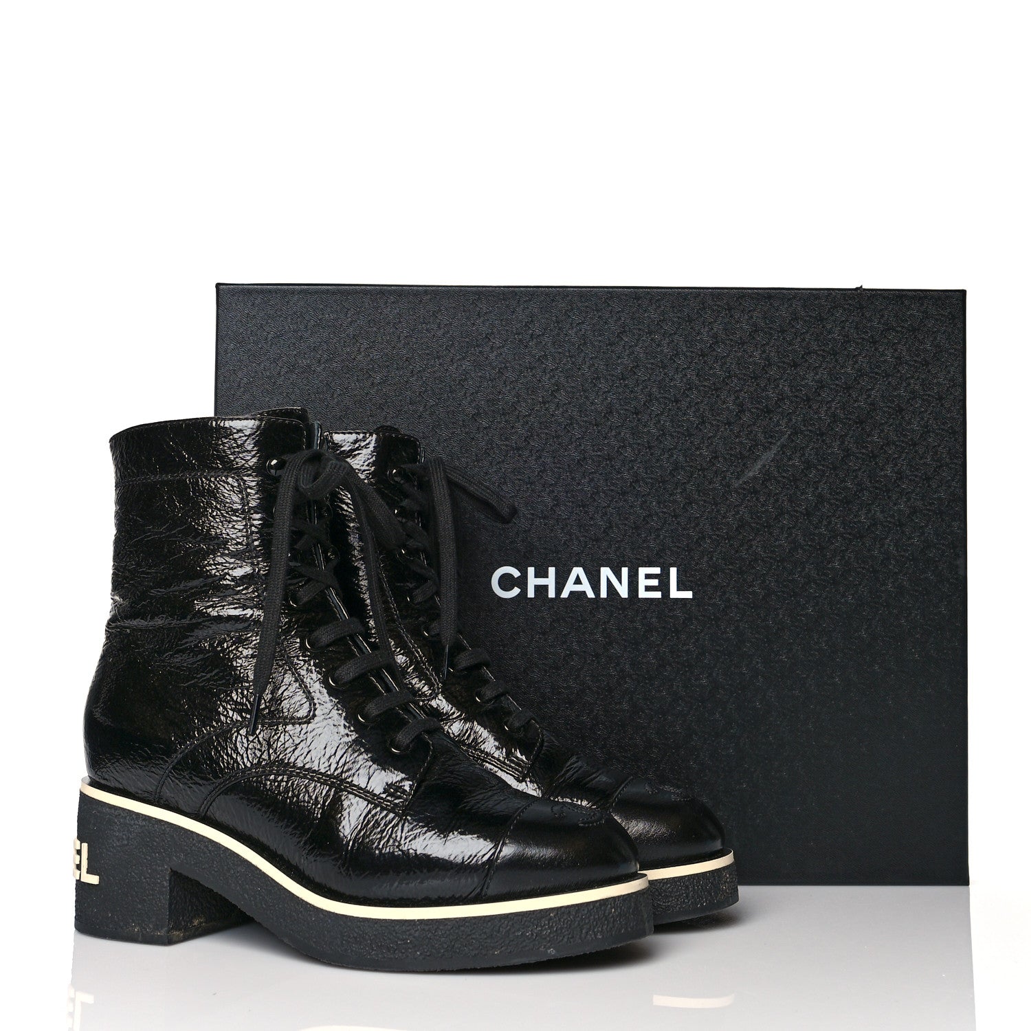 Chanel Shiny Crumpled Lambskin Lace Up Combat Boots 38 Black 10 of 10