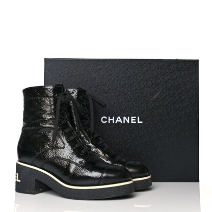 Chanel Shiny Crumpled Lambskin Lace Up Combat Boots 38 Black 10 of 10