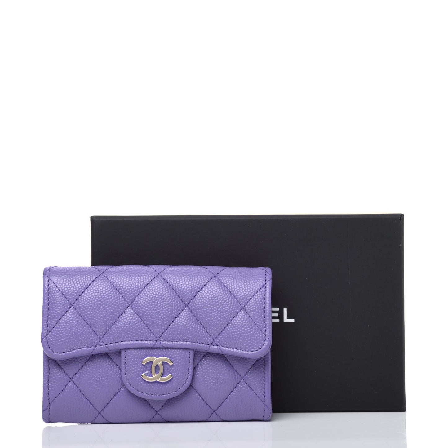 Caviar Quilted Flap Card Holder Wallet Purple