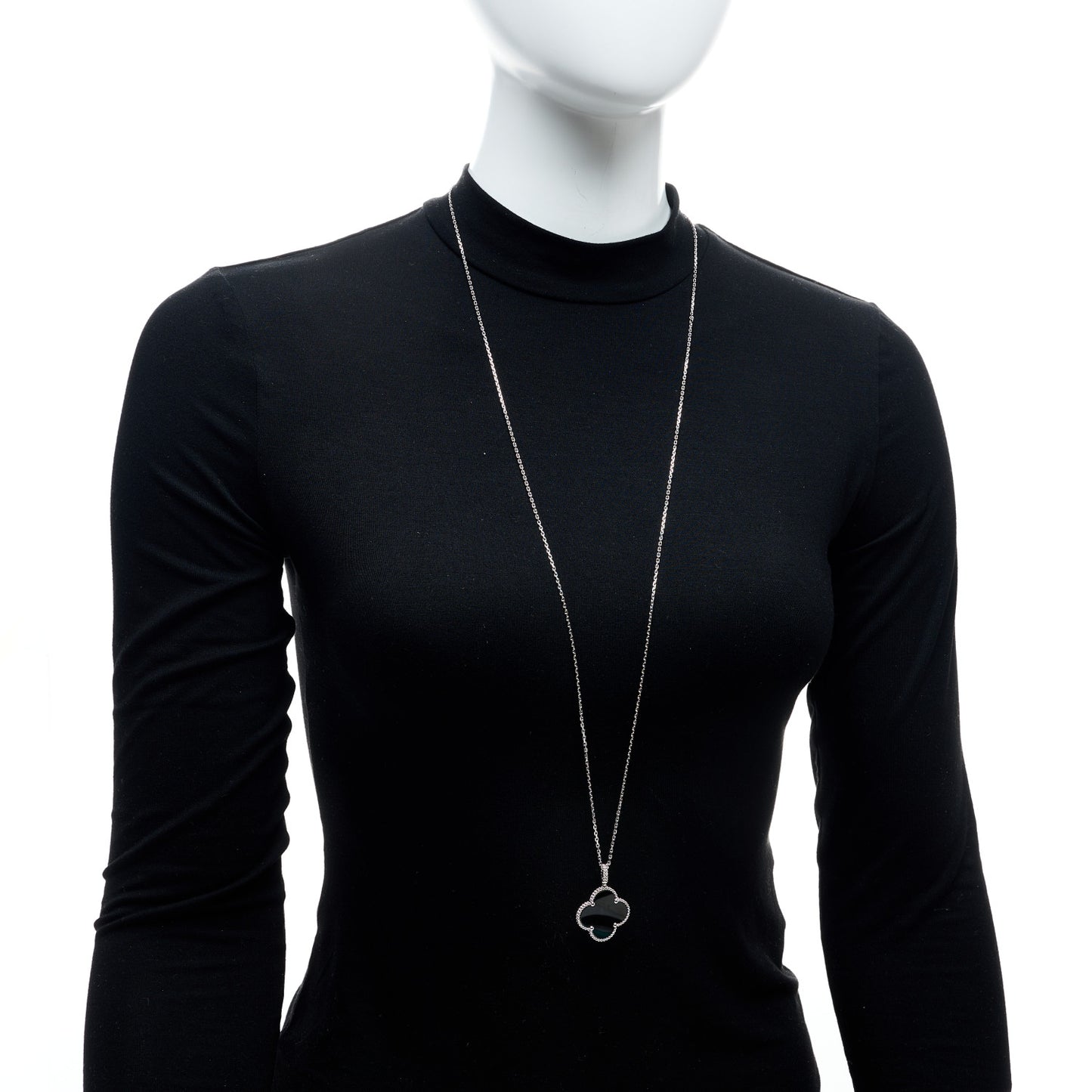 18K White Gold Black Onyx Magic Alhambra Pendant Necklace