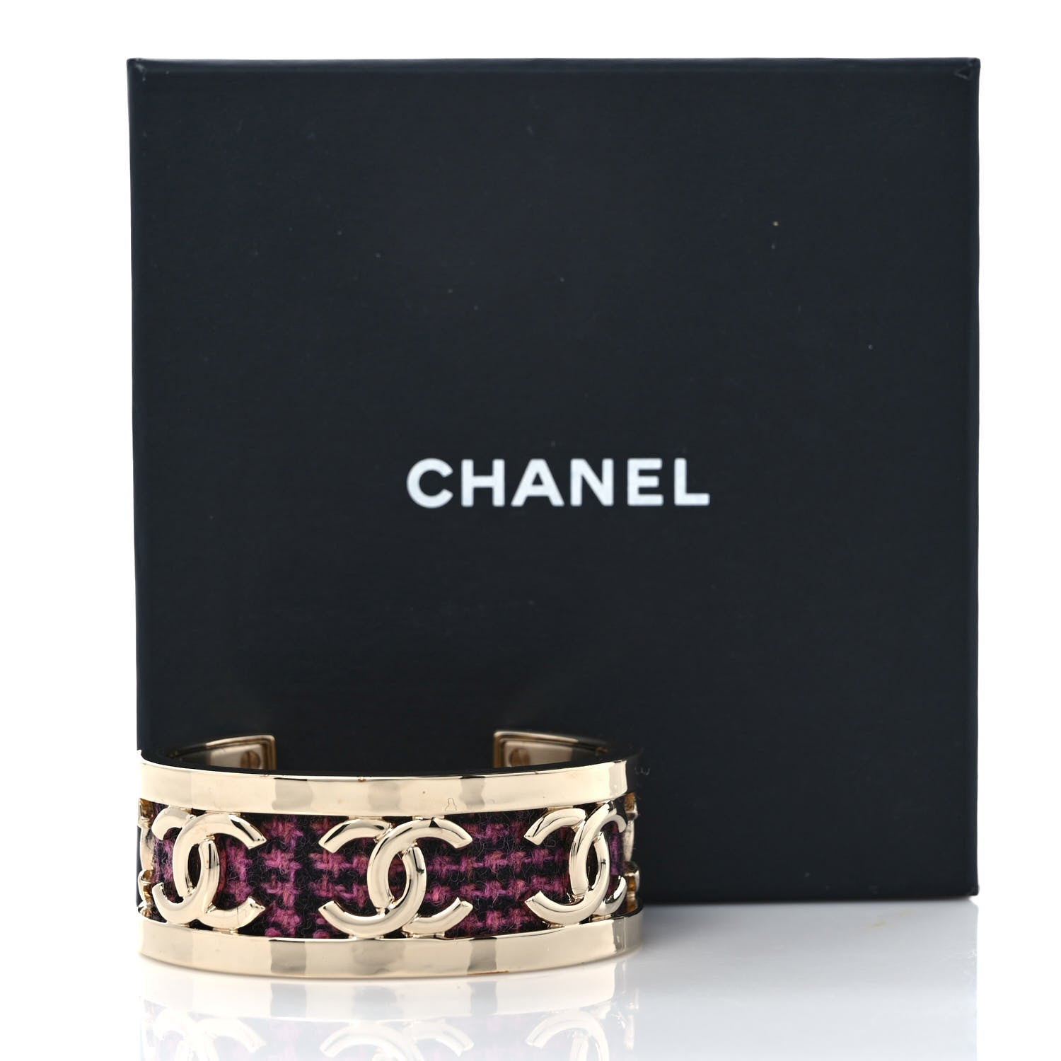 Chanel CC Tweed Cuff Bracelet S Gold Pink Black 6 of 6