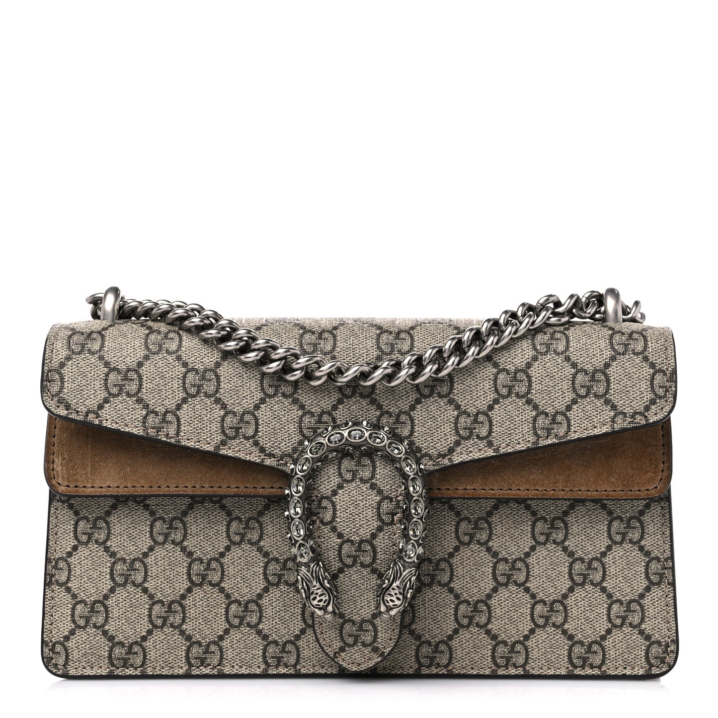 GG Supreme Monogram Suede Crystal Small Dionysus Shoulder Bag Beige Ebony Taupe