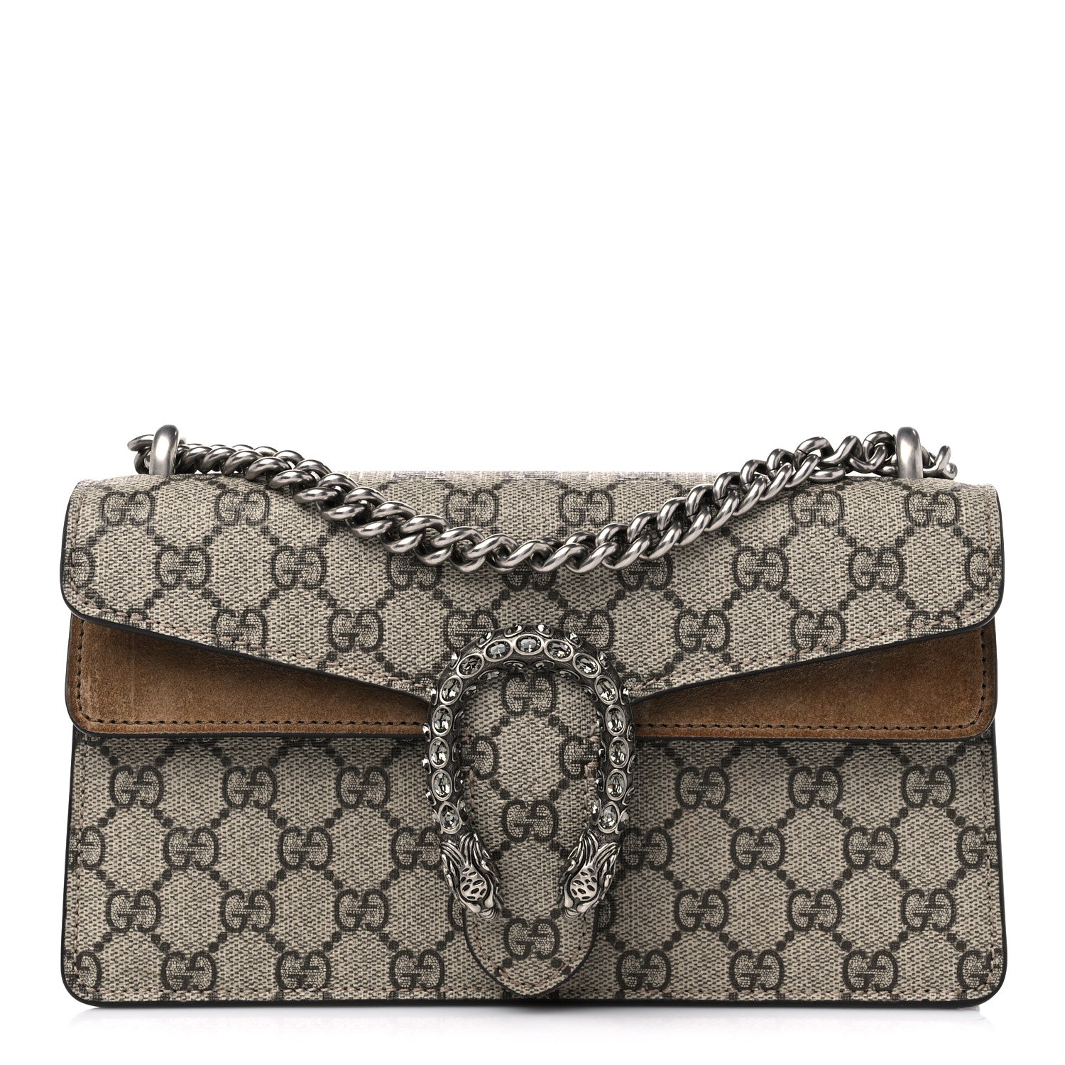 Gucci GG Supreme Monogram Suede Crystal Small Dionysus Shoulder Bag Beige Ebony Taupe 1 of 12