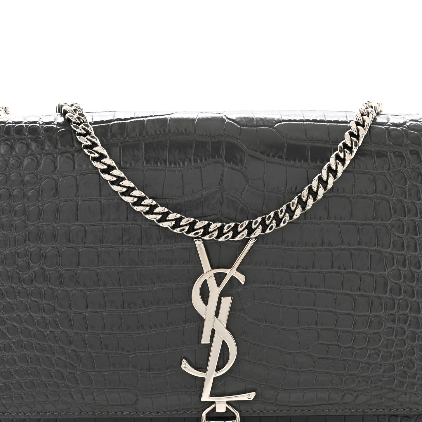 Calfskin Crocodile Embossed Medium Classic Monogram Kate Tassel Satchel Storm