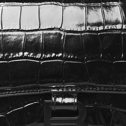 Balenciaga Shiny Calfskin Monochrome Crocodile Embossed Small Hourglass Top Handle Bag Black 7 of 10