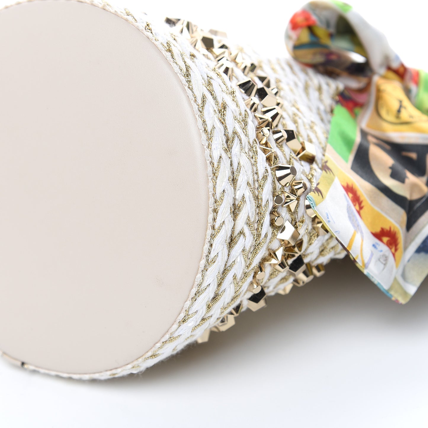 Woven Jute Crepe Satin Studded Marie Jane Bucket White Gold