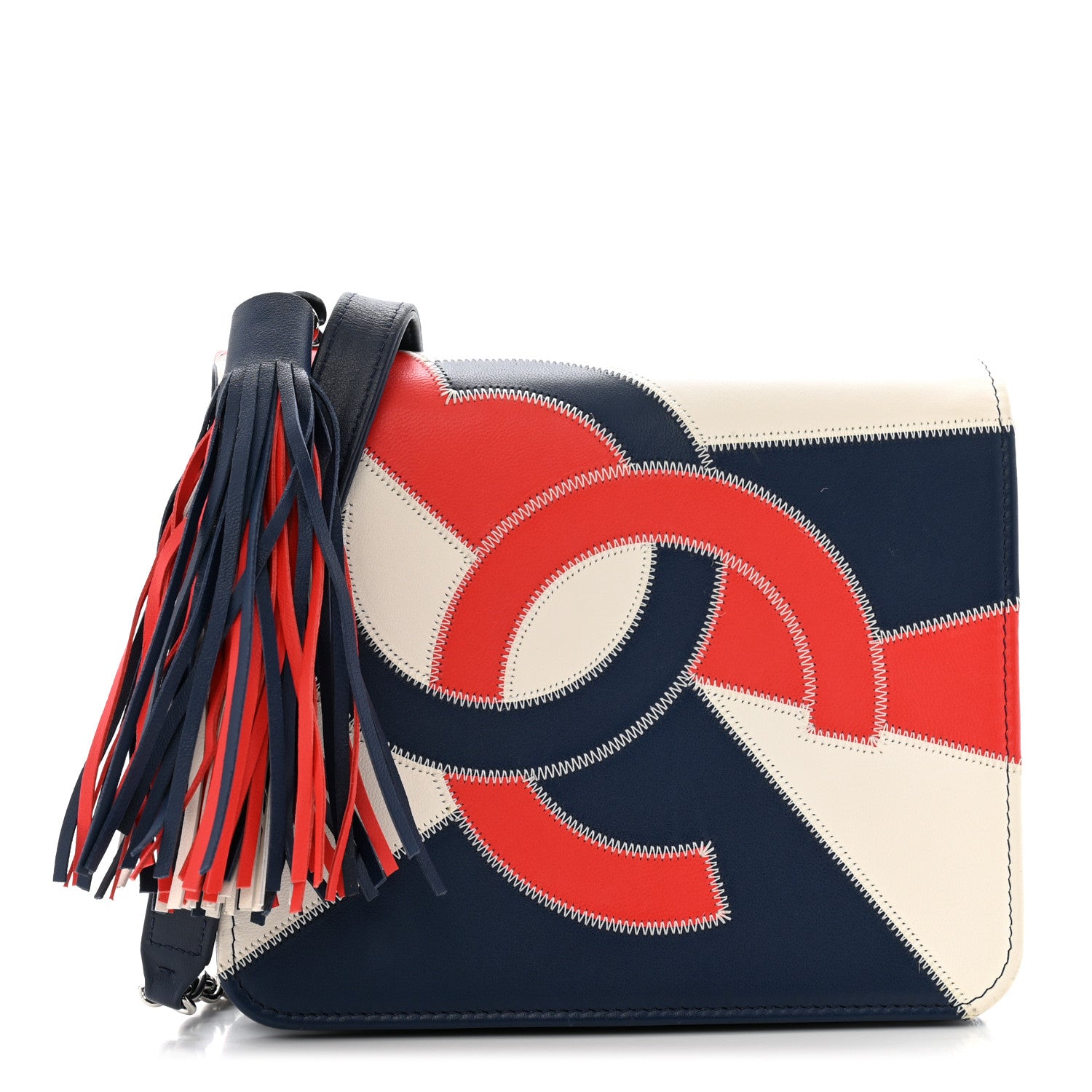 Chanel Lambskin Patchwork CC Tassel Crossbody Bag White Blue Red 1 of 14