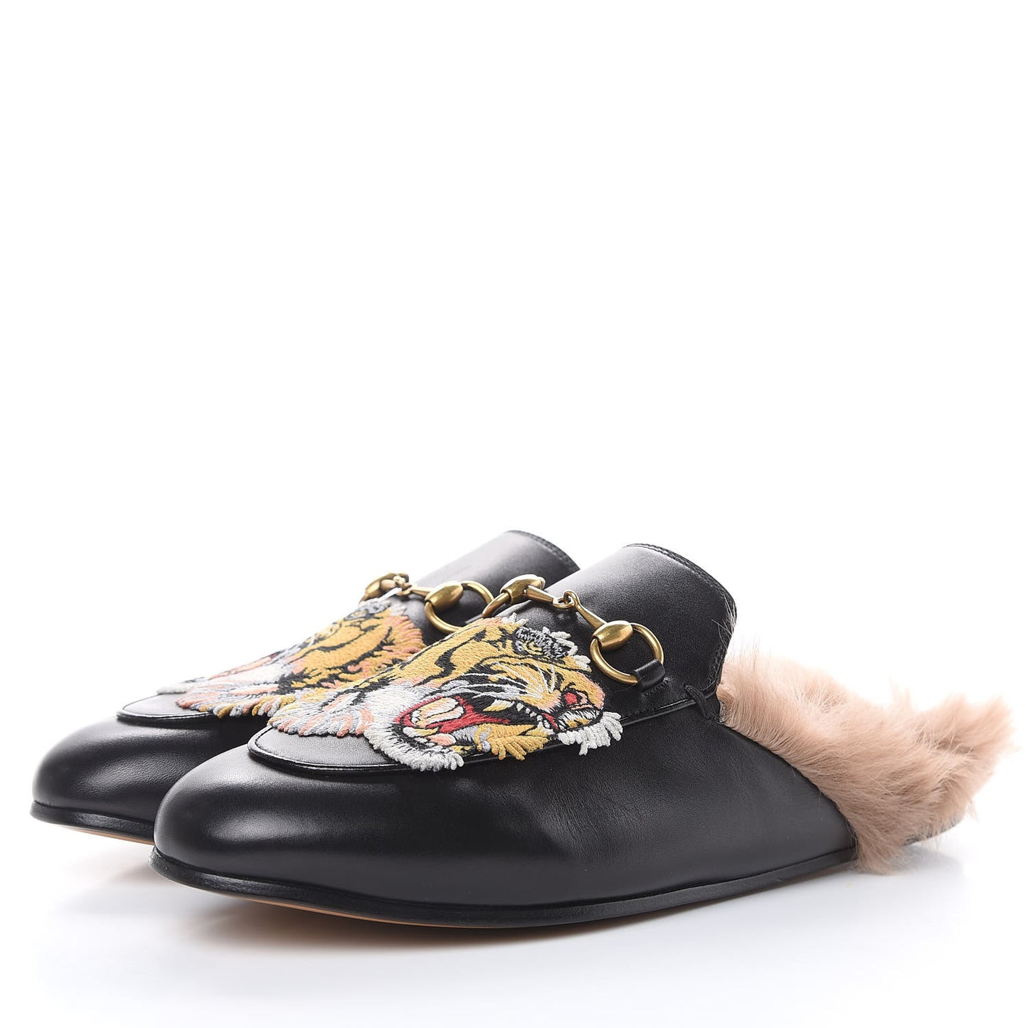 Calfskin Lambswool Tiger Embroidered Womens Princetown Slippers 37.5 Black