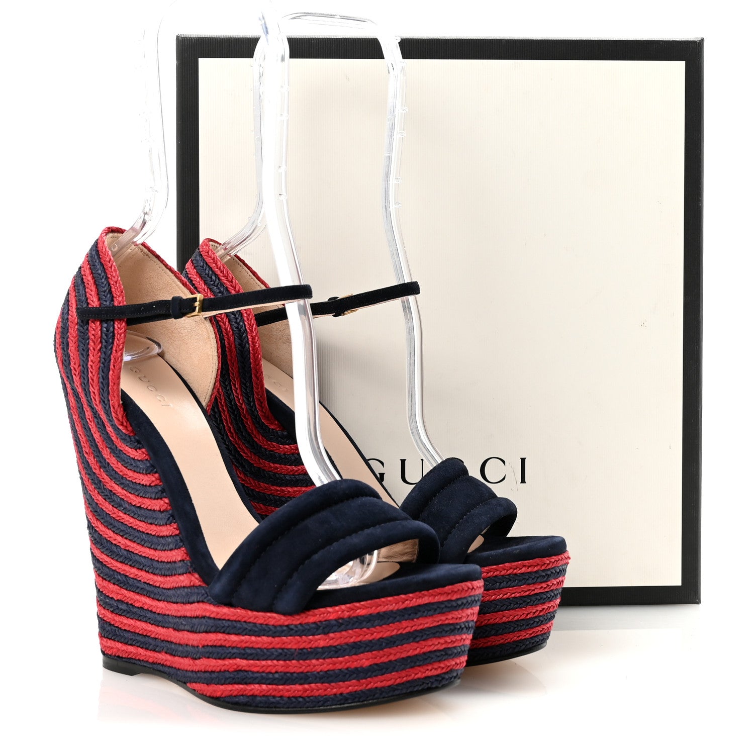 Gucci Kid Scamosciato Espadrille Platform Wedge Sandals 38.5 Red Blue 10 of 10