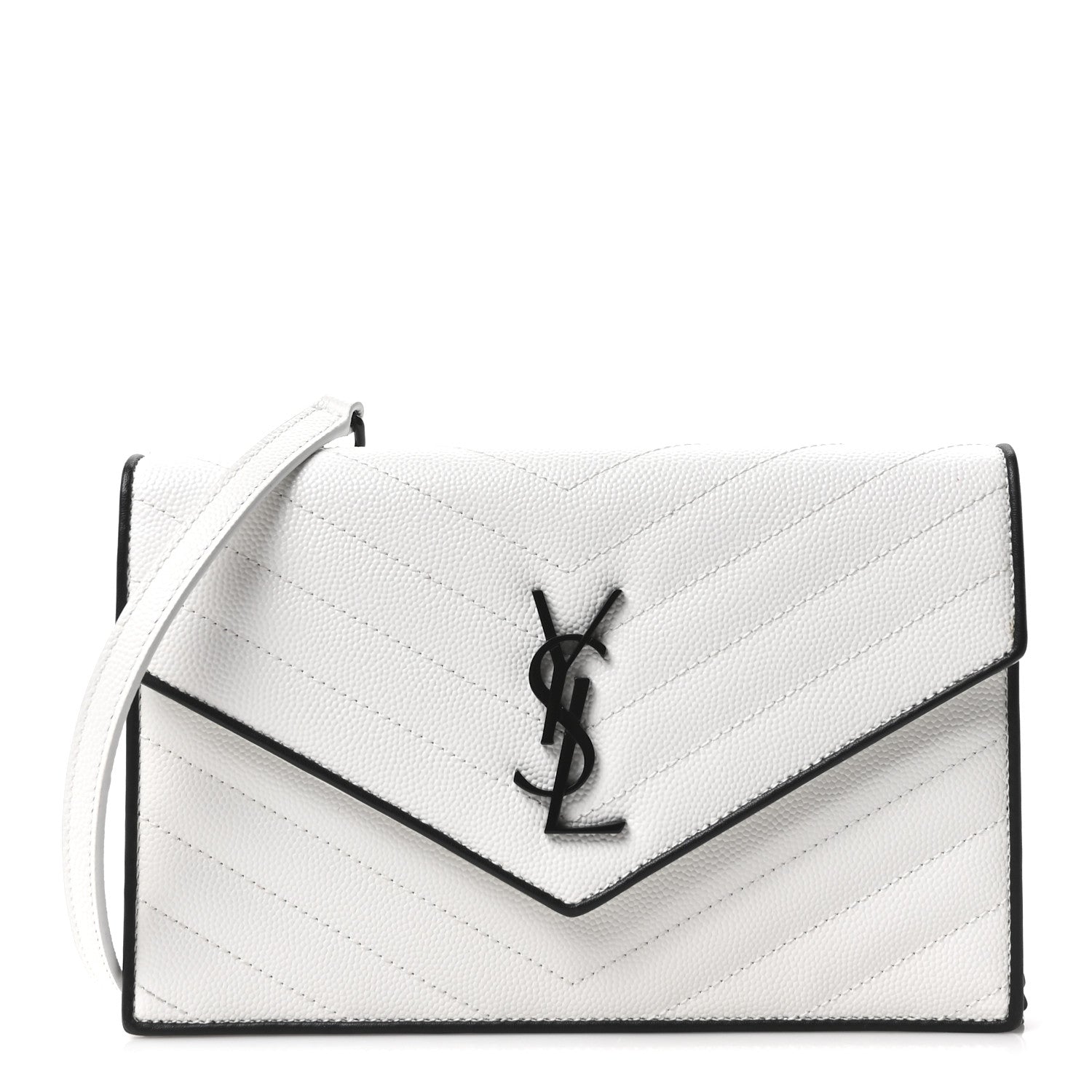 Saint Laurent Grain De Poudre Matelasse Chevron Monogram Envelope Chain Wallet  White Black 1 of 10