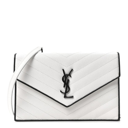 Saint Laurent Grain De Poudre Matelasse Chevron Monogram Envelope Chain Wallet  White Black 1 of 10
