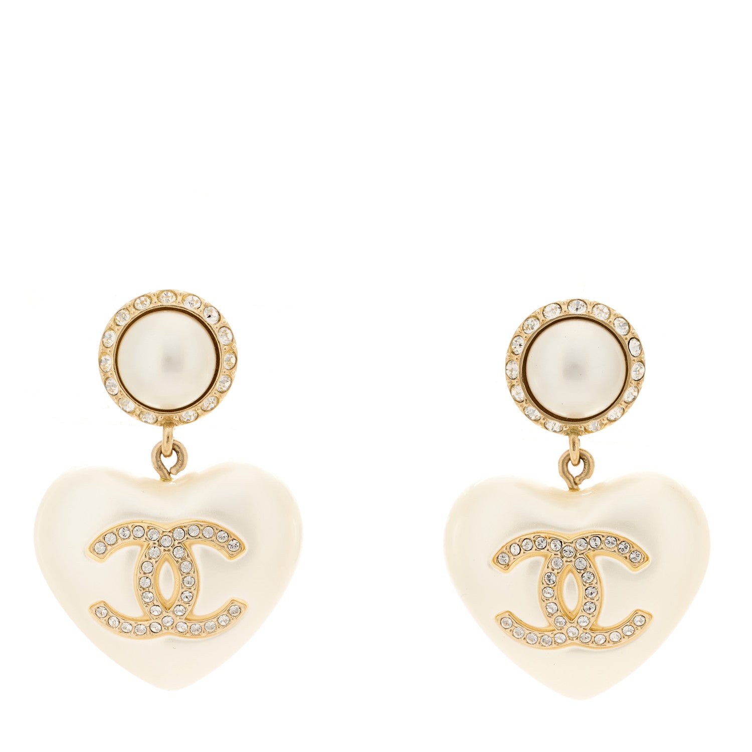 Chanel Pearl Crystal CC Heart Drop Earrings Gold 1 of 5