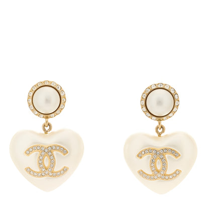 Chanel Pearl Crystal CC Heart Drop Earrings Gold 1 of 5