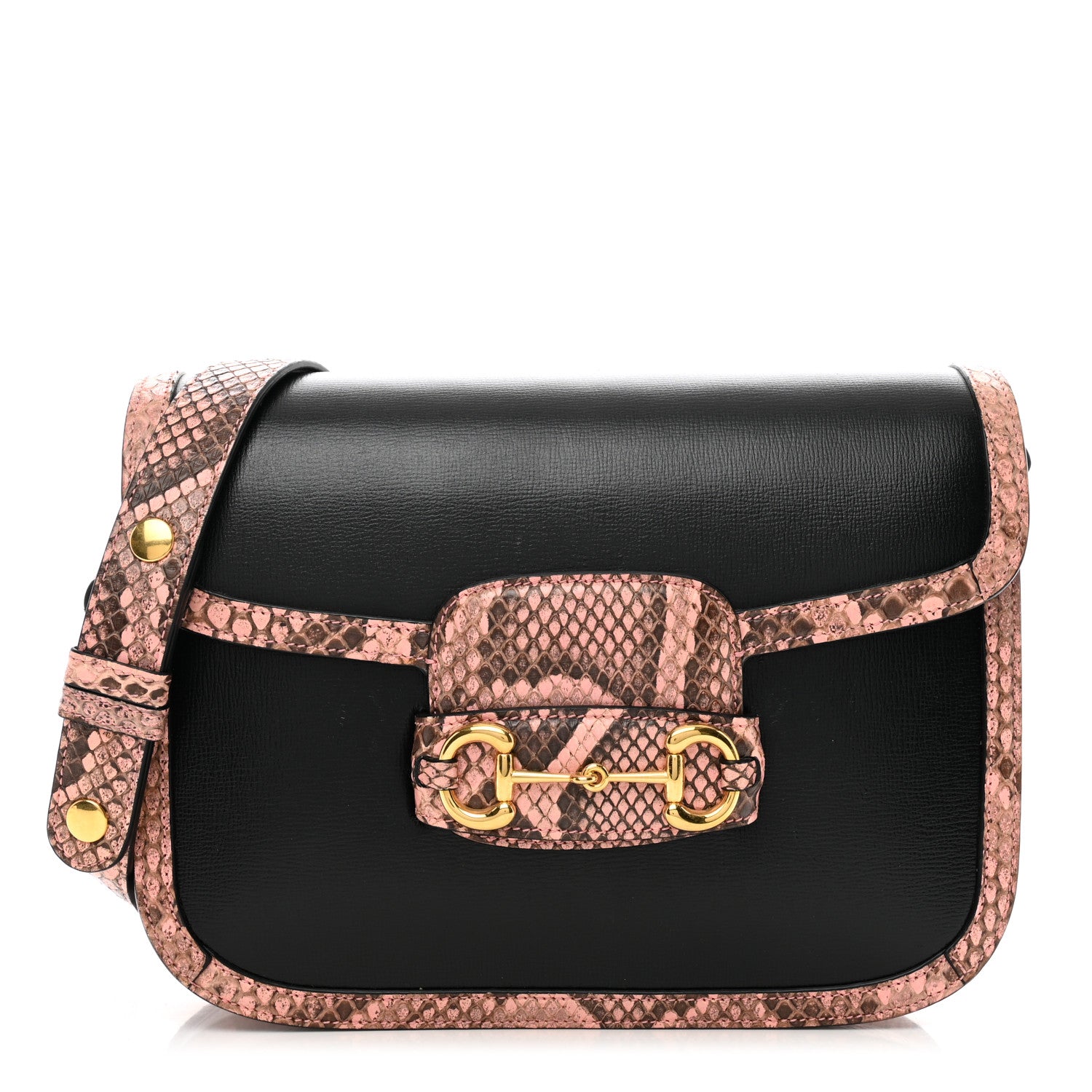Gucci Azalea Calfskin Snakeskin Horsebit 1955 Shoulder Bag Black Pink 1 of 11