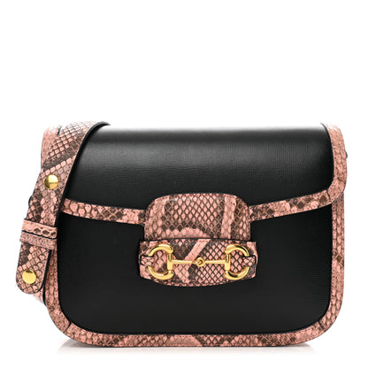Gucci Azalea Calfskin Snakeskin Horsebit 1955 Shoulder Bag Black Pink 1 of 11