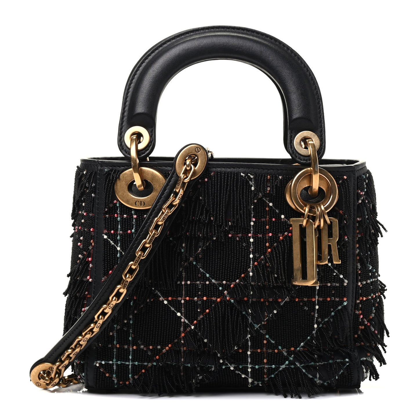 Lambskin Beaded Fringe Mini Lady Dior Black Multicolor