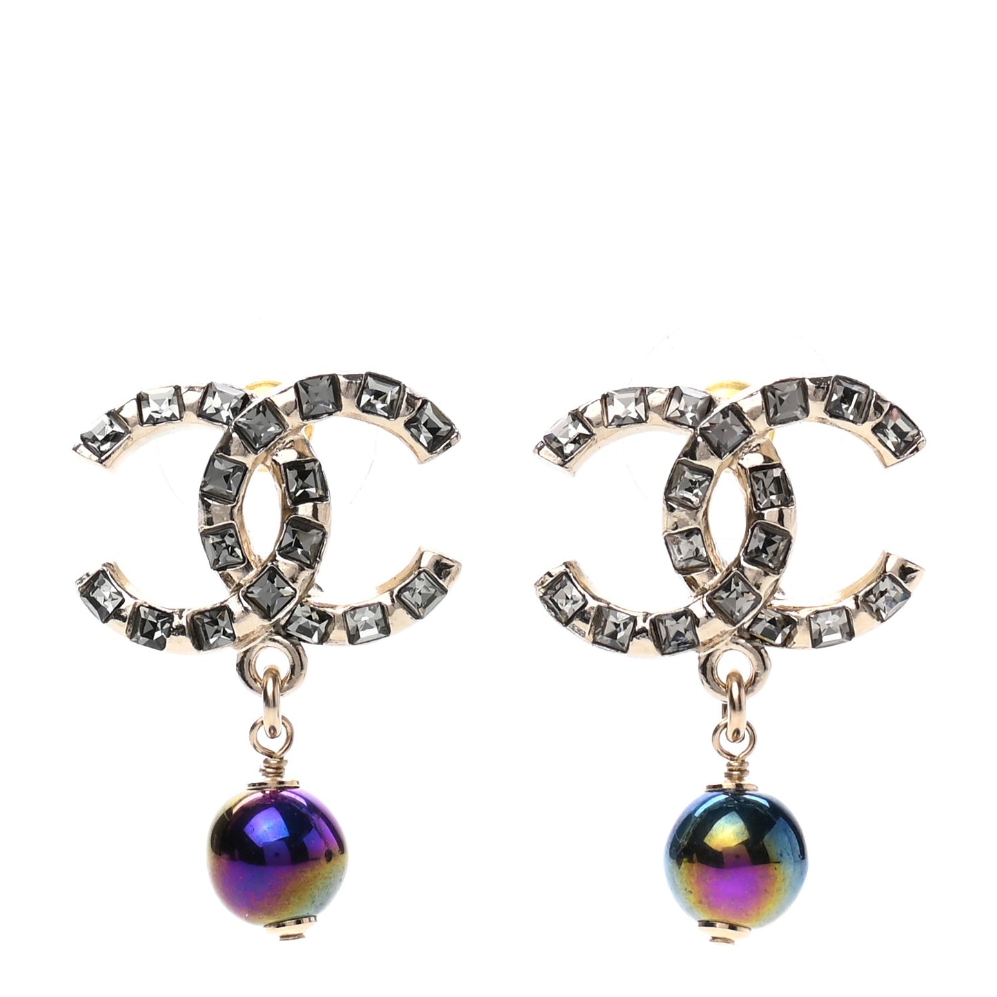 Metal Pearl Crystal CC Drop Earrings Gold Purple Gray