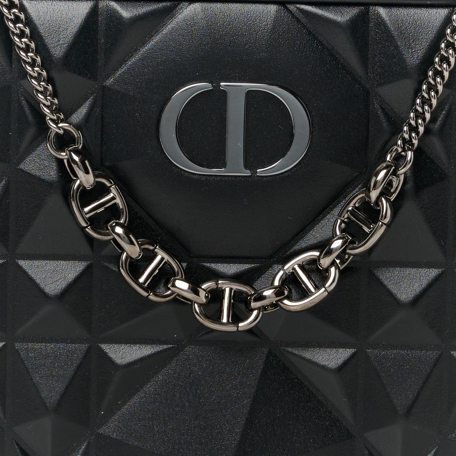 Christian Dior Calfskin Macrocannage Diamond Caro Zipped Pouch With Chain Black 8 of 10
