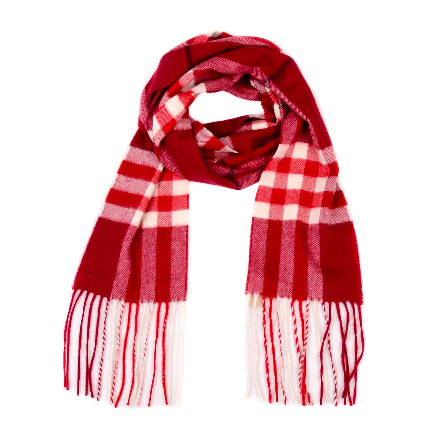 Burberry Cashmere Giant Check Fringe Skinny Scarf Red 1 of 6