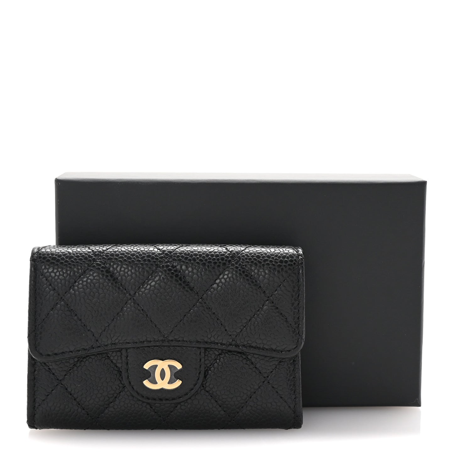 Caviar Quilted Flap Card Holder Wallet Black