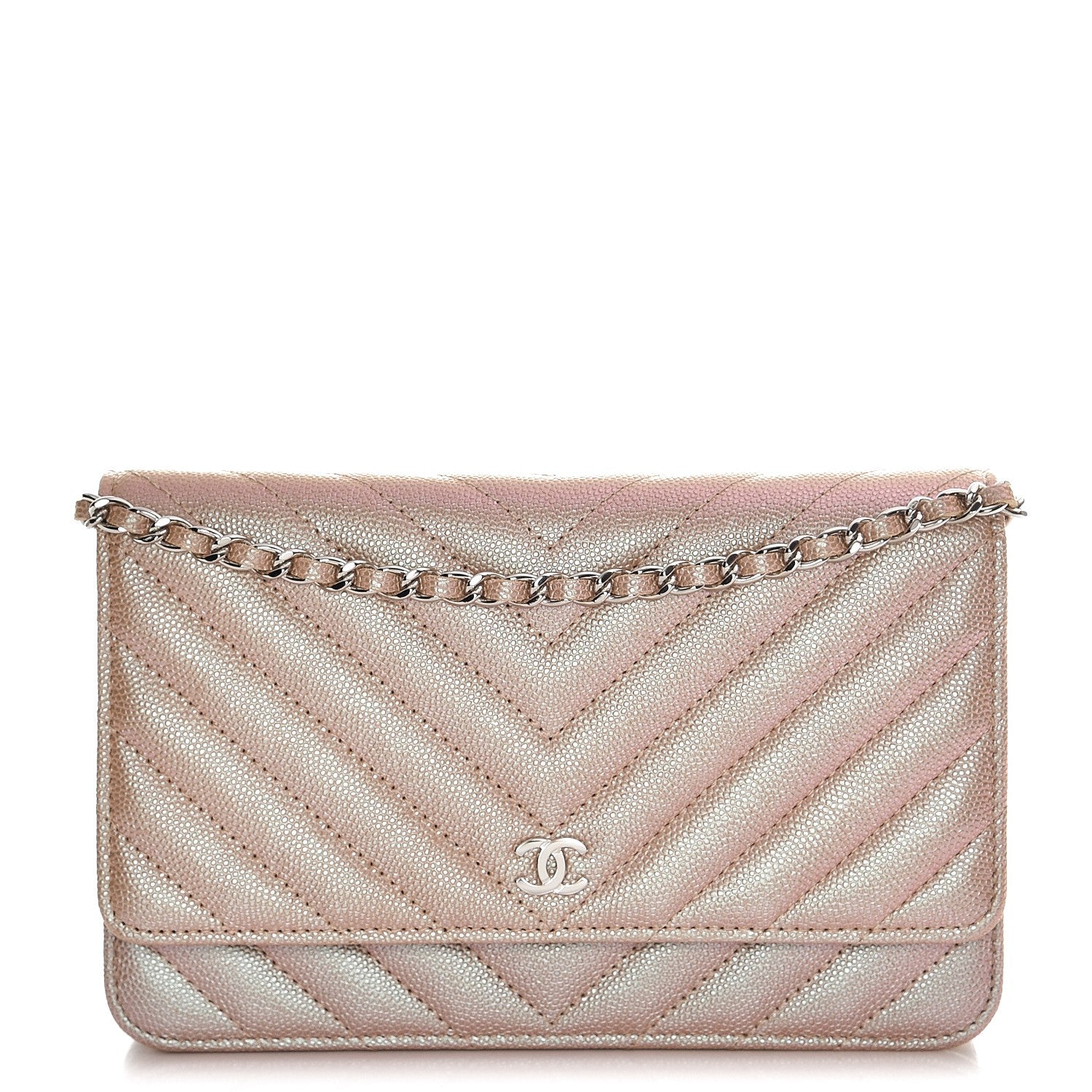 Chanel Metallic Caviar Chevron Quilted Wallet On Chain WOC Light Gold 1 of 10