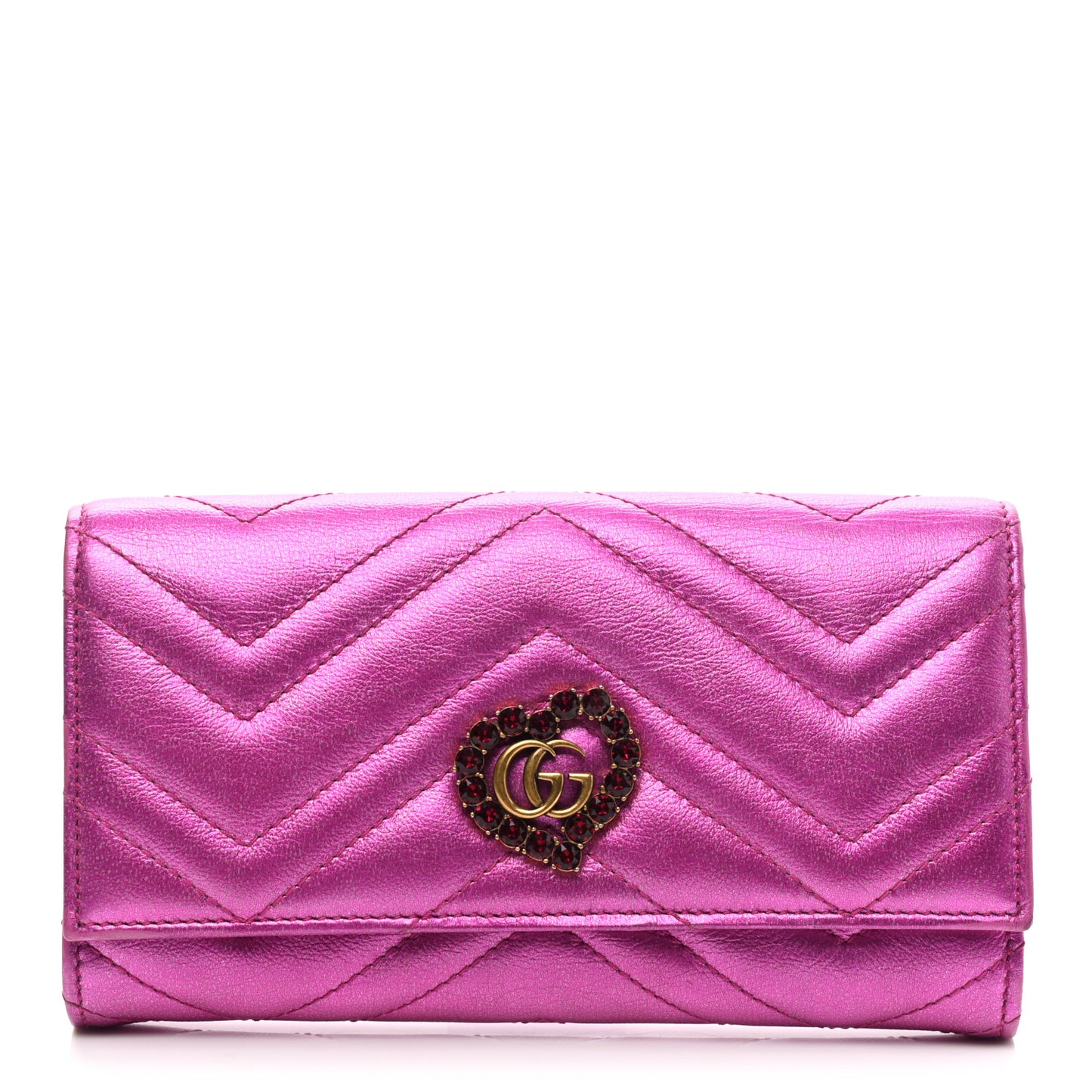 Metallic Calfskin Matelasse Crystal GG Marmont Continental Wallet Fuchsia