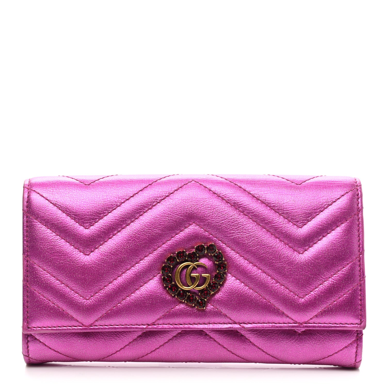 Gucci Metallic Calfskin Matelasse Crystal GG Marmont Continental Wallet Fuchsia 1 of 11