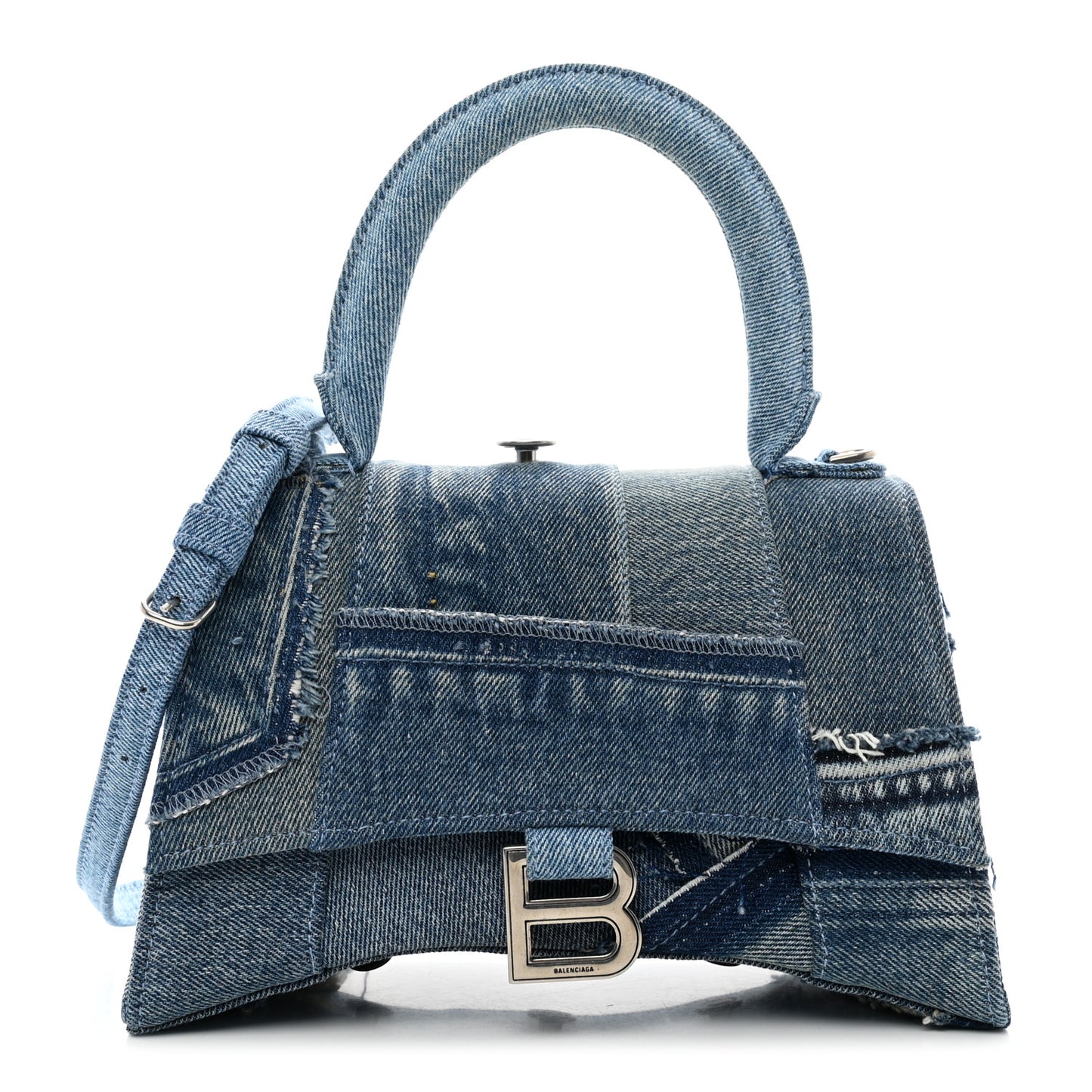 Denim Patchwork Small Hourglass Top Handle Bag Washed Blue