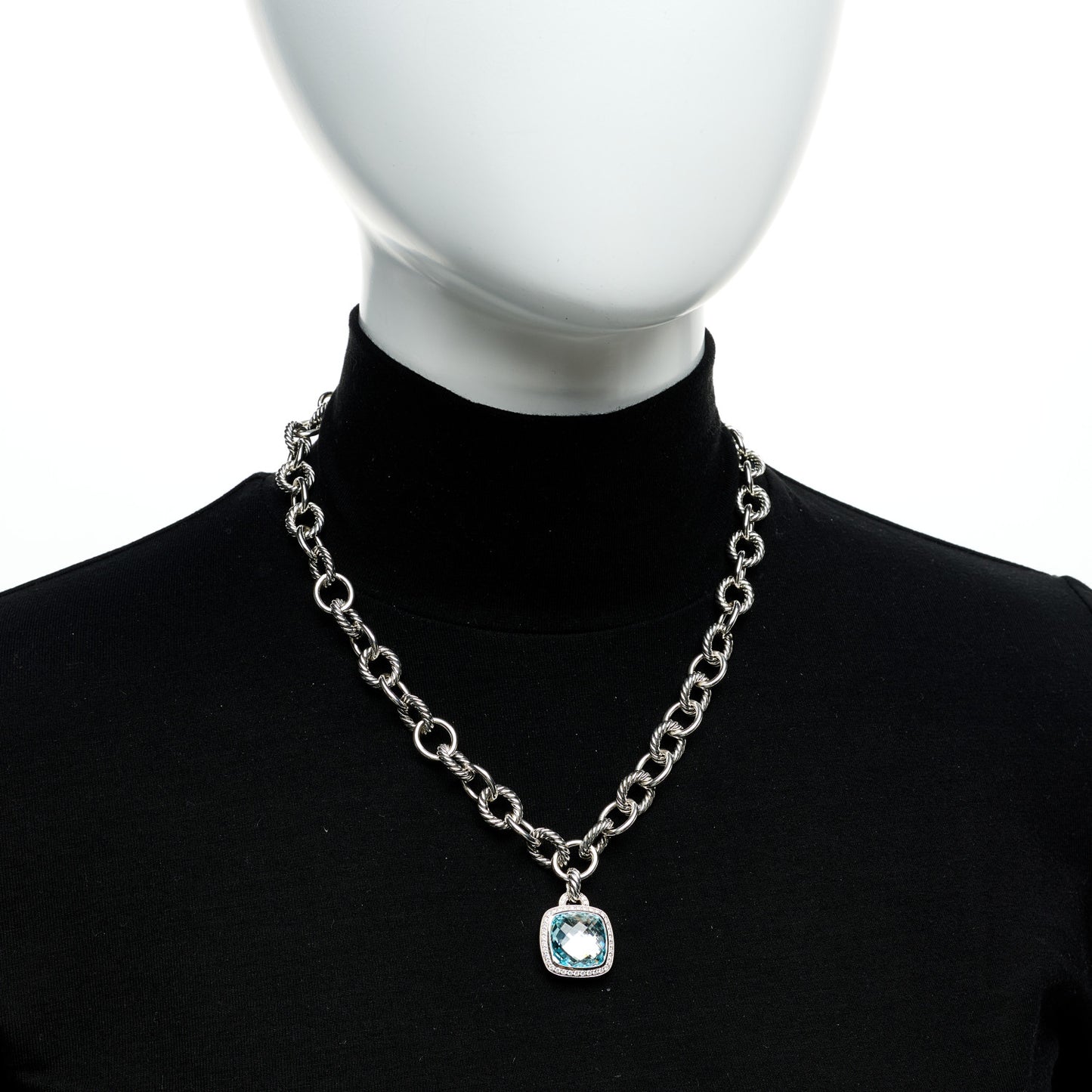 Sterling Silver Blue Topaz Diamond 14mm Albion Pendant Cable Necklace