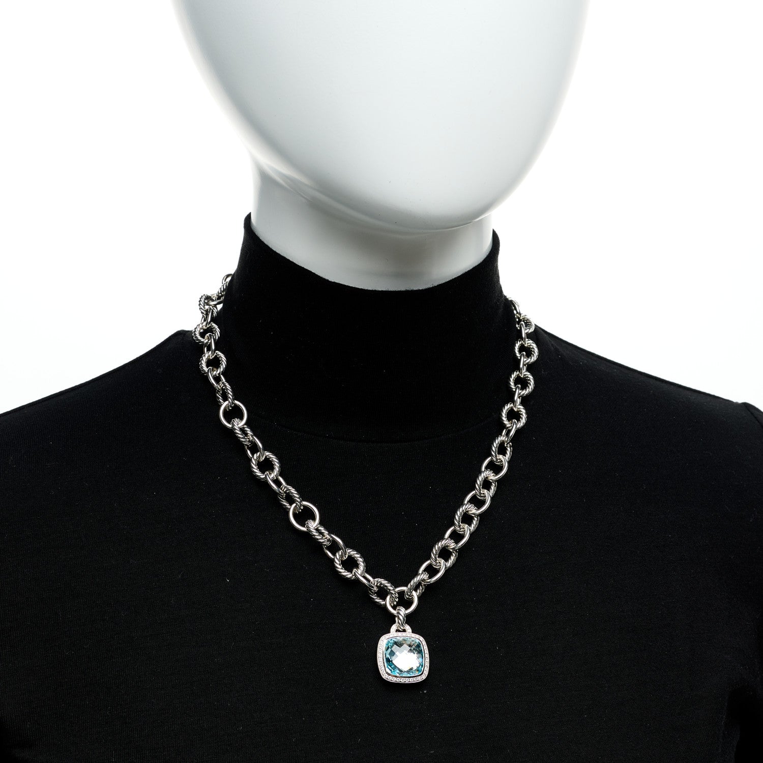 David Yurman Sterling Silver Blue Topaz Diamond 14mm Albion Pendant Cable Necklace 2 of 5