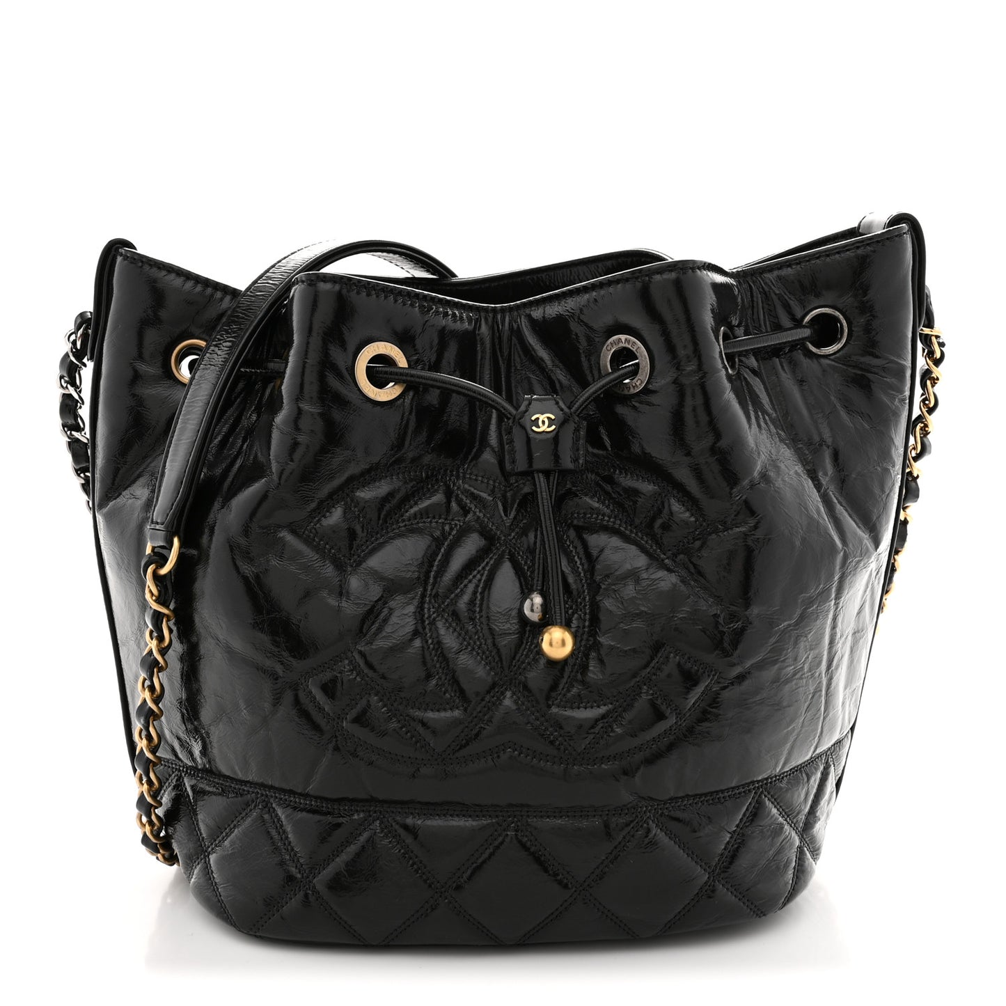 Shiny Aged Calfskin CC Chain Drawstring Bag Black