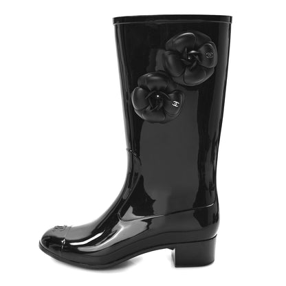 Chanel Rubber Camellia Rain Boots 38 Black 1 of 8