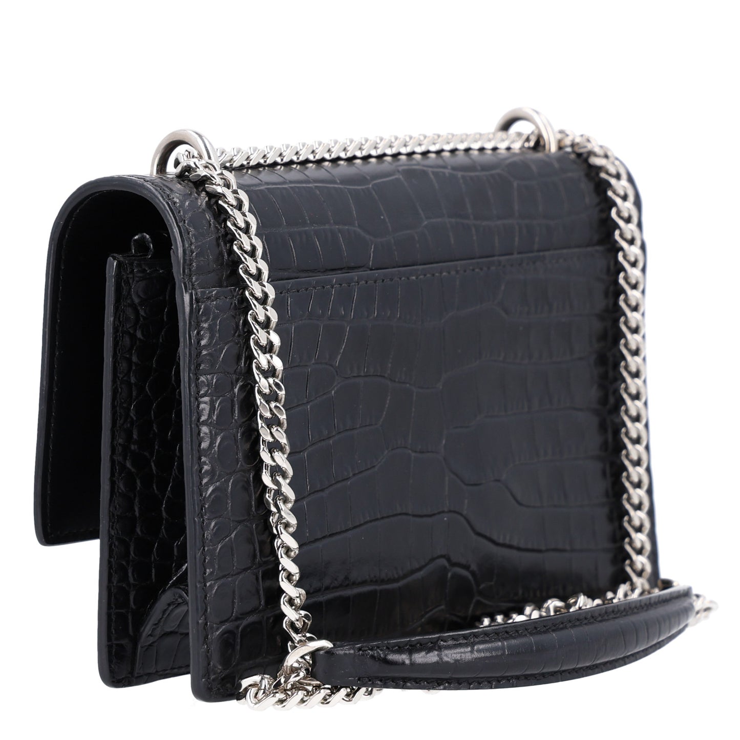 Calfskin Crocodile Embossed Monogram Sunset Chain Wallet Black