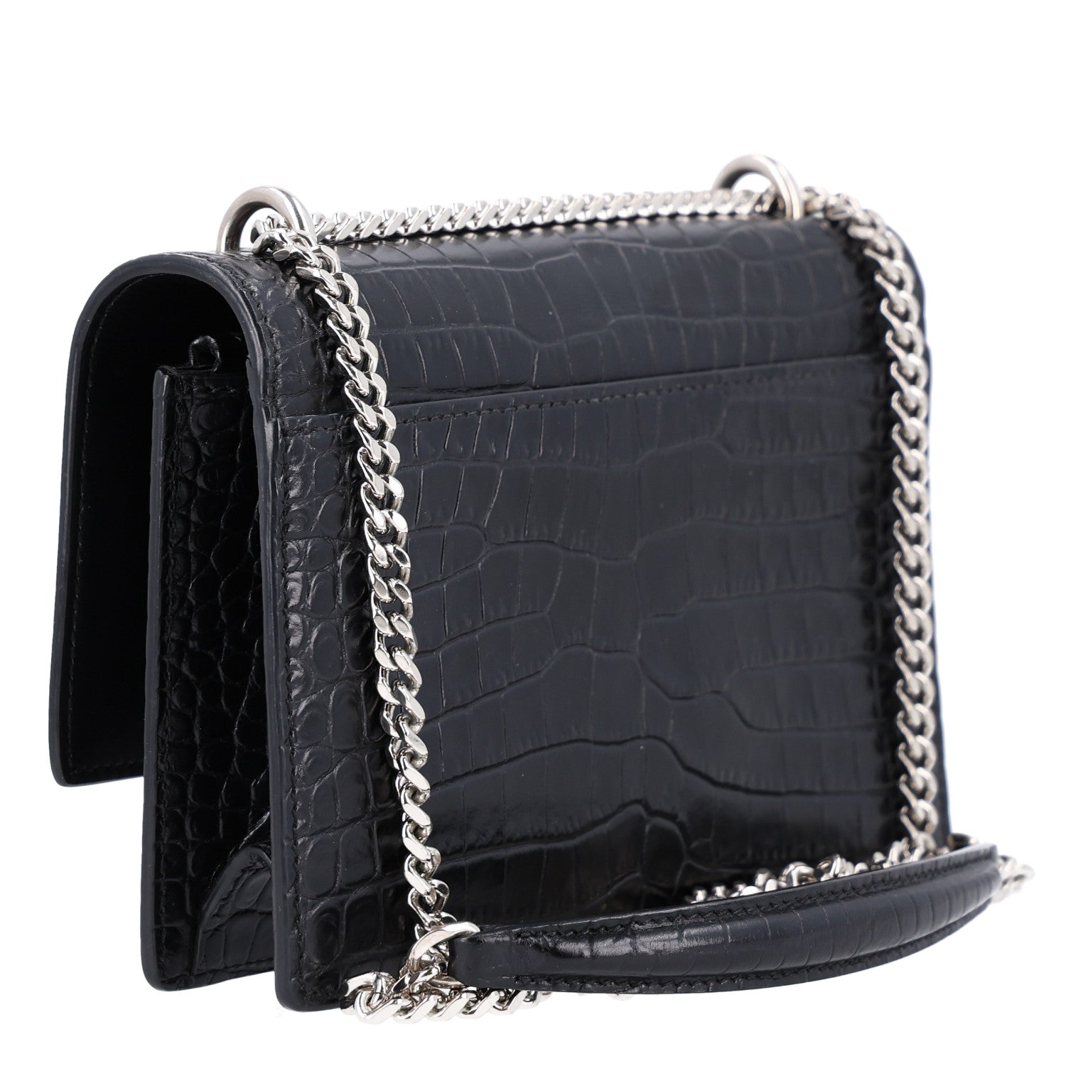 Saint Laurent Calfskin Crocodile Embossed Monogram Sunset Chain Wallet Black 3 of 11