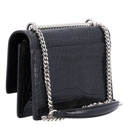 Saint Laurent Calfskin Crocodile Embossed Monogram Sunset Chain Wallet Black 3 of 11