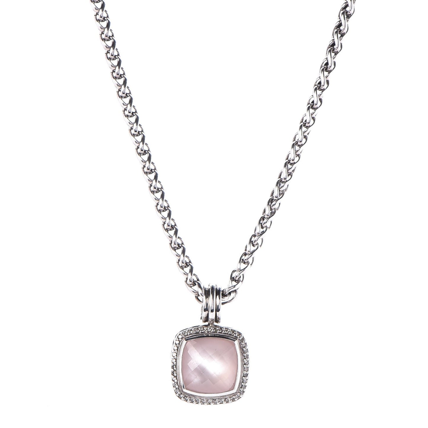 Sterling Silver Pave Diamond Rose Quartz 14mm Albion Enhancer Pendant Necklace