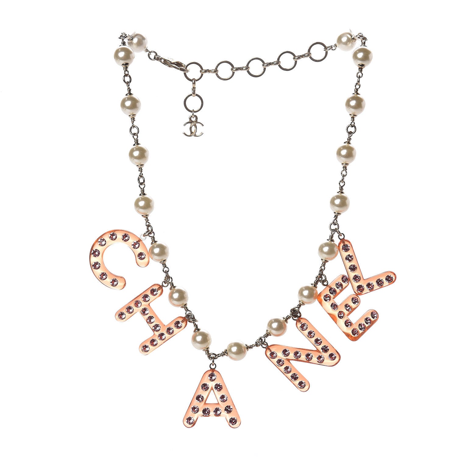 Chanel Pearl Resin Crystal Logo Choker Necklace Light Gold Pink 1 of 4